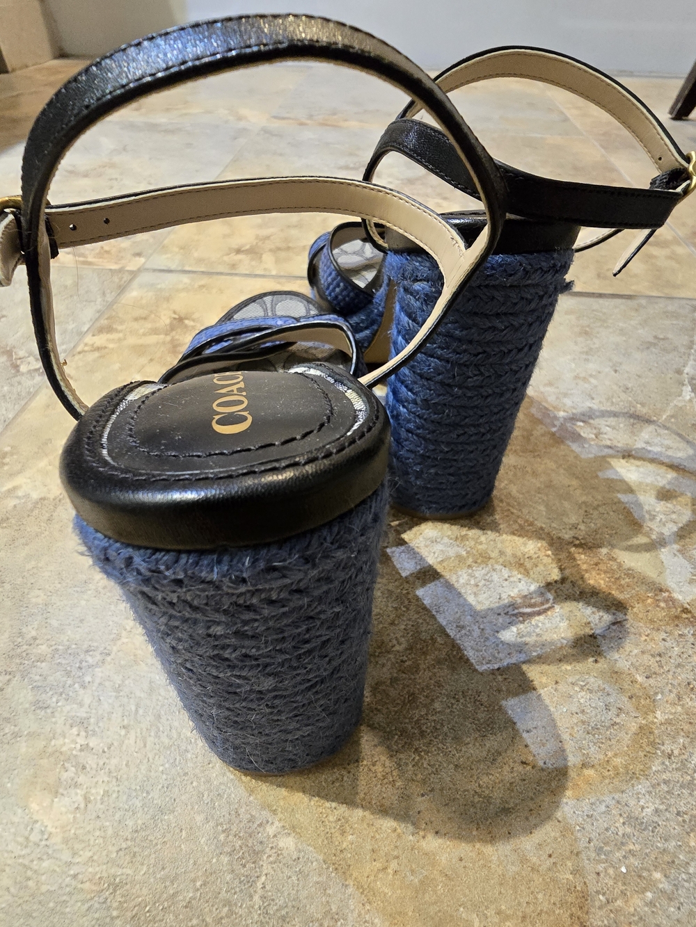 Coach Navy Woven Platform Sandals with Ankle Strap - Picture 6 of 6